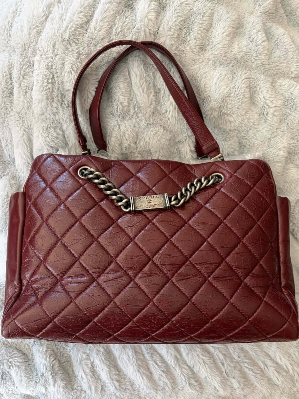 Chanel Quilted Nameplate Chain Tote Burgundy